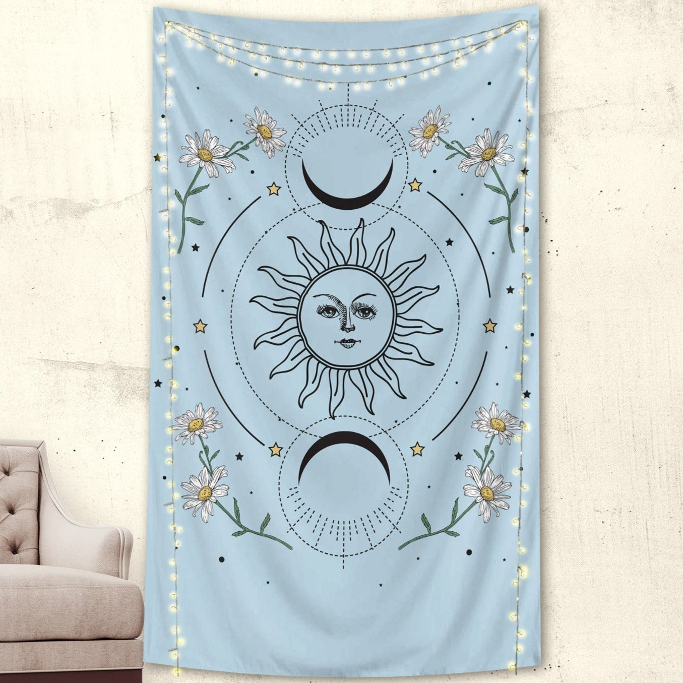 Floral Moon and Sun Tapestry